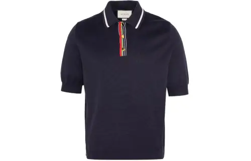 GUCCI Polo Shirts Men's Navy Blue Pointed Collar Moderate Straight Fit