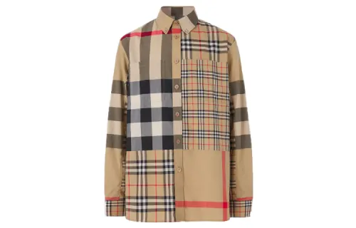 Burberry SS22 Check Spliced Single-Breasted Casual Shirt Archive Beige