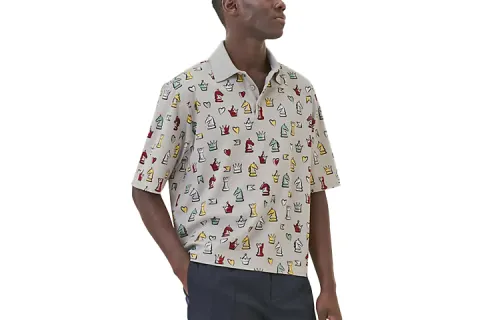 HERMES Polo Shirts Men's Gray Polo Collar Moderate Straight Fit
