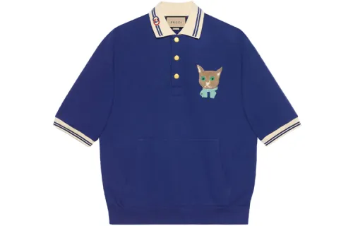 GUCCI Polo Shirts Men's Blue Lapel Moderate Straight Fit