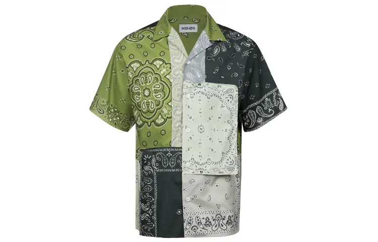 KENZO Shirts Men's Green Cuban Collar Moderate Shirt