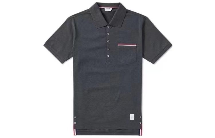 THOM BROWNE Tom Brown SS22 Grosgrain Pique Pique Short Sleeve Polo Shirt Men's Black