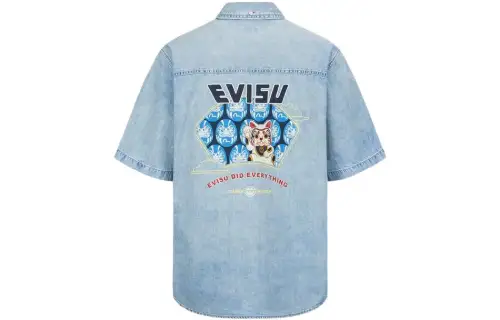 EVISU Shirts Men's Denim Blue Lapel Moderate Denim