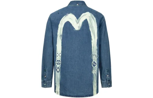 EVISU Shirts Men's Denim Blue Lapel Moderate Denim
