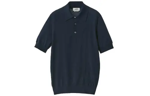HERMES Polo Shirts Men's Ink Blue Polo Collar Moderate Straight Fit
