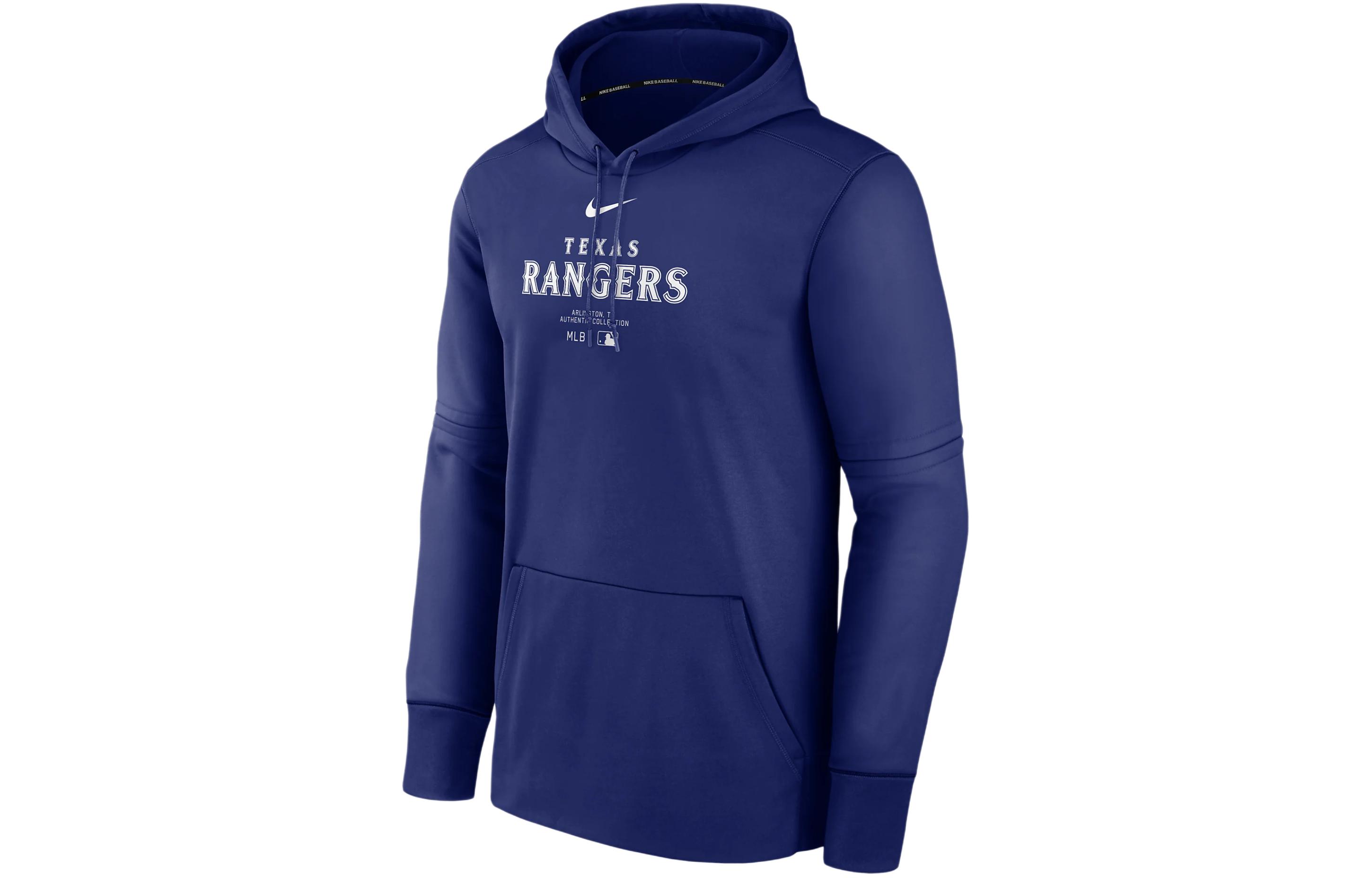 Nike Texas Rangers Authentic Collection Practice Letter Print Fleece Lined Hooded Sweatshirt Men's Blue