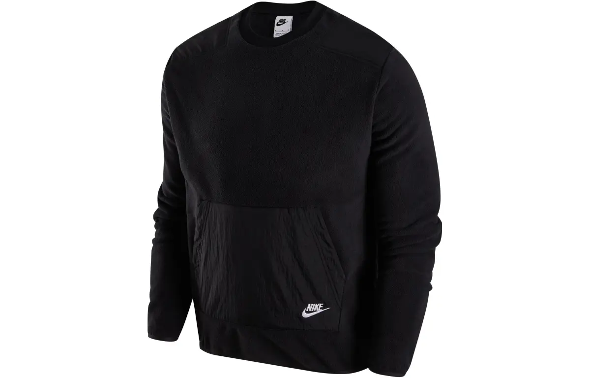 Nike Sportswear Solid Color Panel Fabric Fleece Lined Crew Neck Long Sleeved Sweatshirt Men's Black Green
