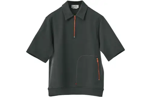 HERMES Polo Shirts Men's Green Polo Collar Moderate Straight Fit
