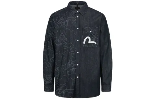 EVISU Shirts Men's Denim Blue Lapel Moderate Denim