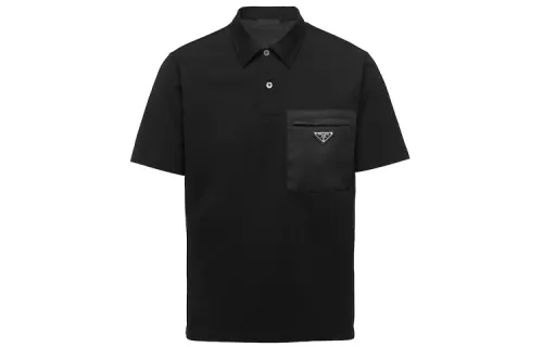 PRADA Polo Shirts Men's Black Polo Collar Moderate Straight Fit