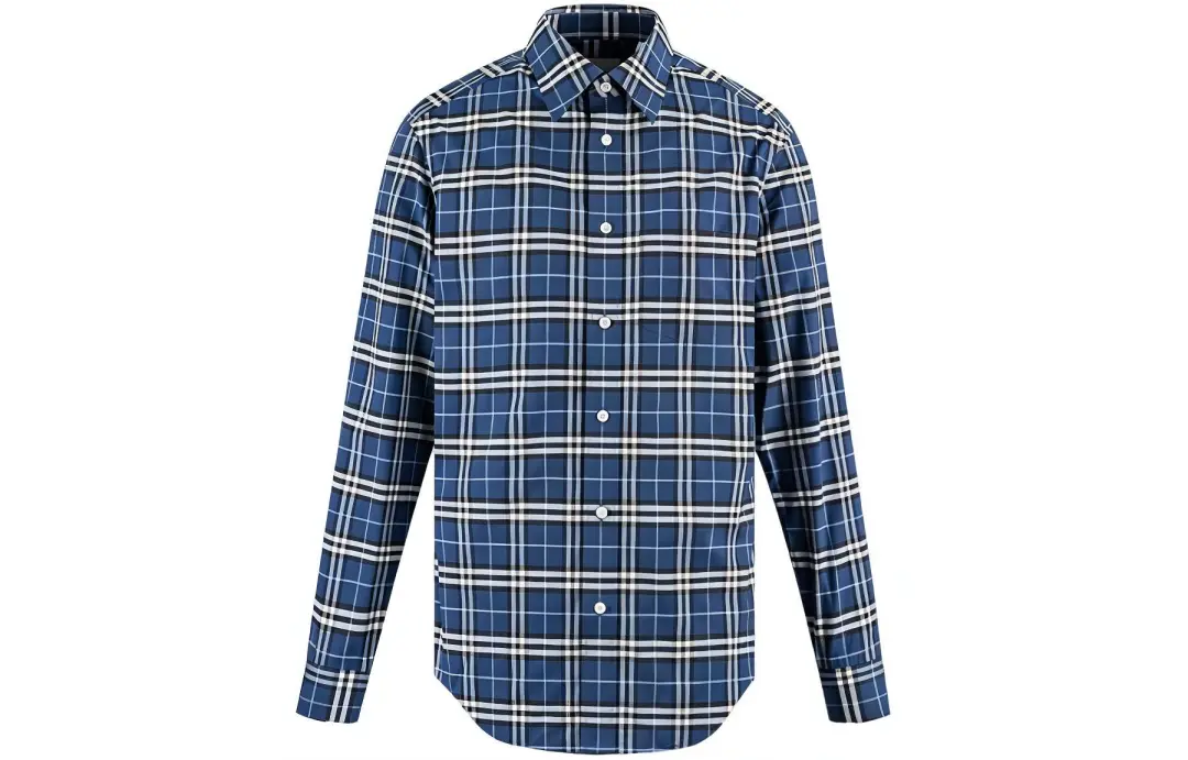 Burberry Men Grid Collar Button-Down Long Sleeve Shirt Blue