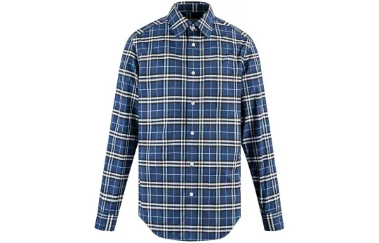 Burberry Men Grid Collar Button-Down Long Sleeve Shirt Blue