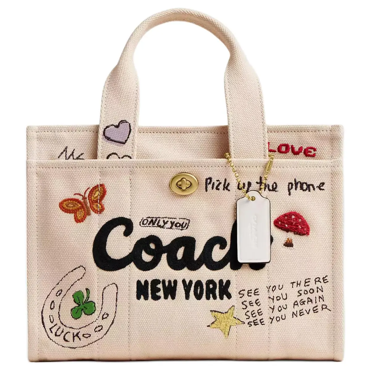 COACH Canvas Tote Bag, Shopping Bag, Handbag Medium Women's Brass & Natural Multicolor