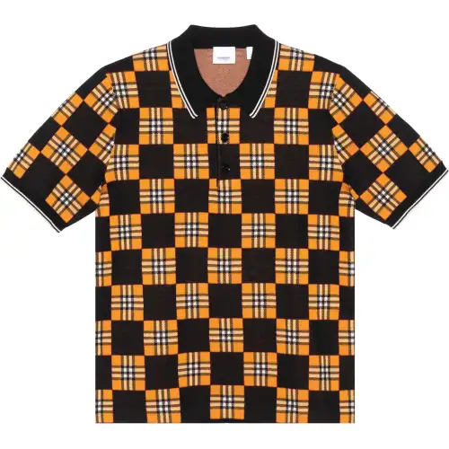 Burberry SS21 Men Contrasting Colors Plaid Jacquard Short Sleeve Polo Shirt Orange