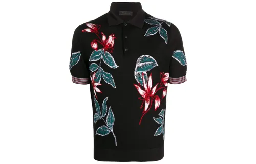 PRADA Polo Shirts Men's Black Polo Collar Moderate Straight Fit