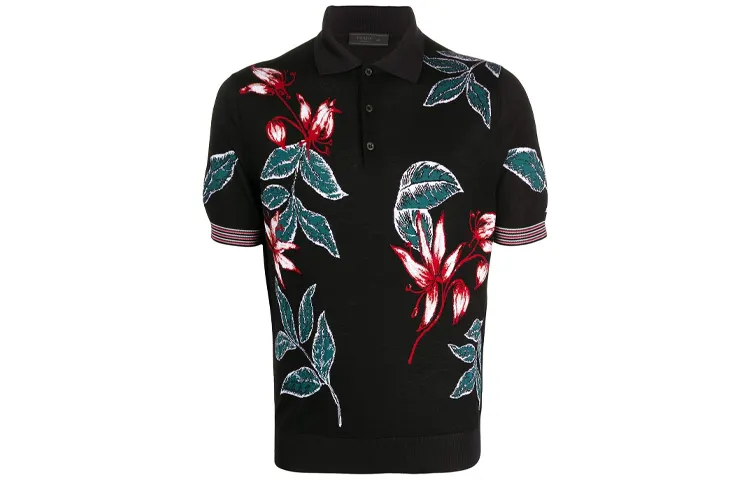 PRADA Polo Shirts Men's Black Polo Collar Moderate Straight Fit