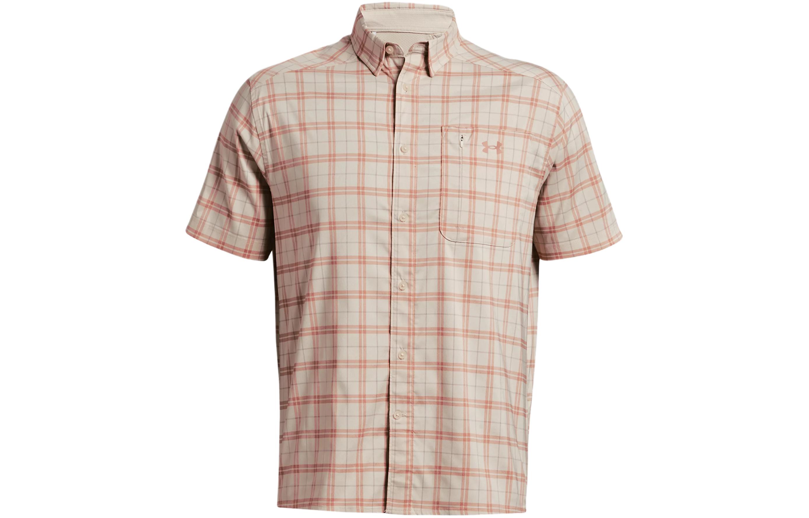 Under Armour UA Drift Tide 2.0 single-breasted peak collar plaid sweat-absorbent, quick-drying, comfortable and fitted short-sleeved shirt for men, light khaki