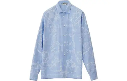 HERMES Shirts Men's Blue Polo Collar Moderate Other