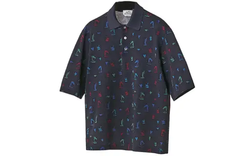 HERMES Polo Shirts Men's Navy Blue Polo Collar Moderate