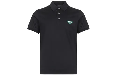 PRADA Polo Shirts Men's Black Polo Collar Moderate Straight Fit