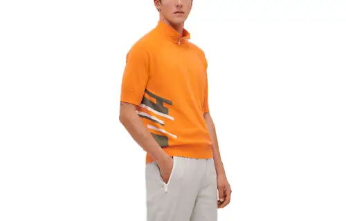 HERMES Polo Shirts Men's Orange Polo Collar Moderate Straight Fit