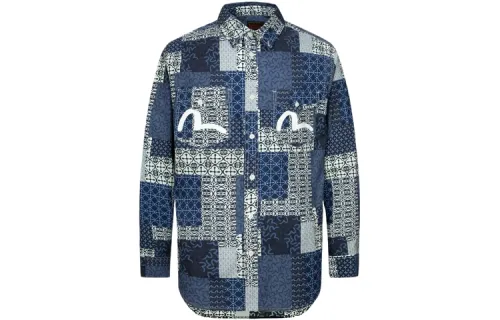 EVISU Shirts Men's Navy Blue All Over Print Lapel Moderate Denim