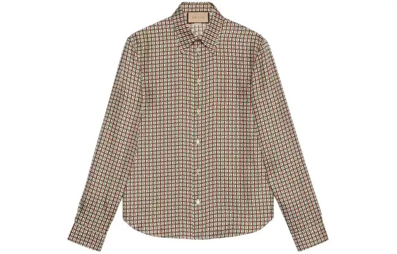 GUCCI SS24 Mini Stirrup Print Silk Twill Shirt Men's Ivory