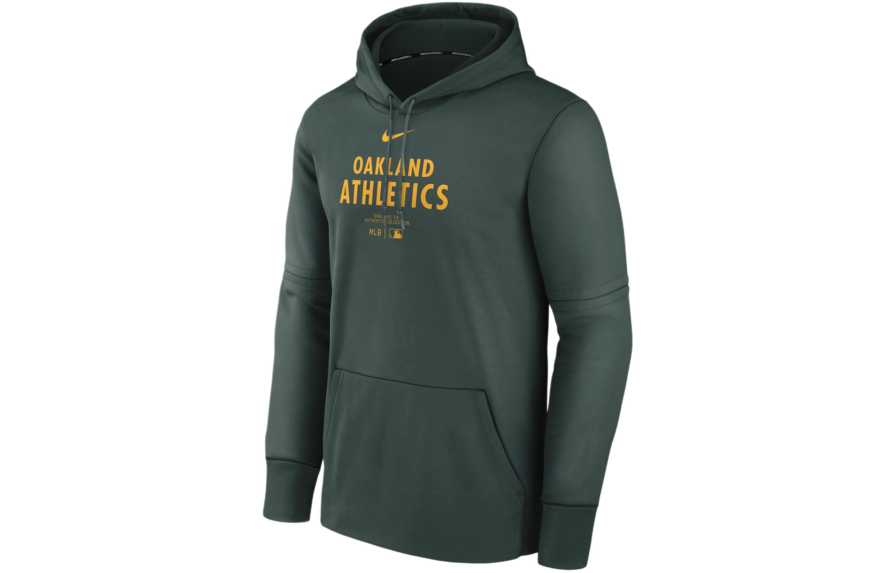Nike Oakland Athletics Authentic Collection Practice Letter Print Fleece Lined Hooded Sweatshirt Men's Hunter Green