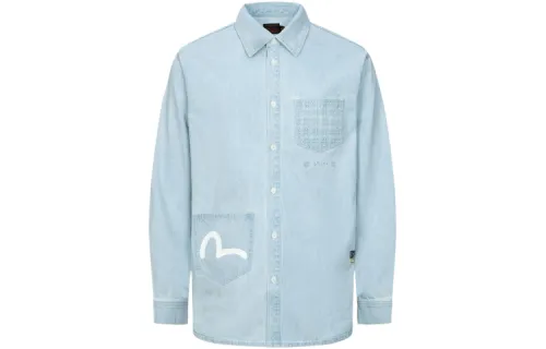 EVISU Shirts Men's Denim Blue Lapel Moderate Denim