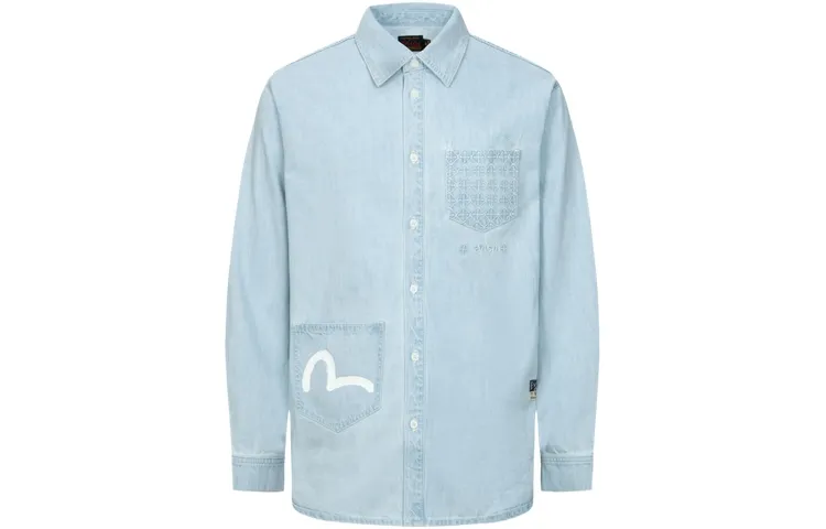EVISU Shirts Men's Denim Blue Lapel Moderate Denim