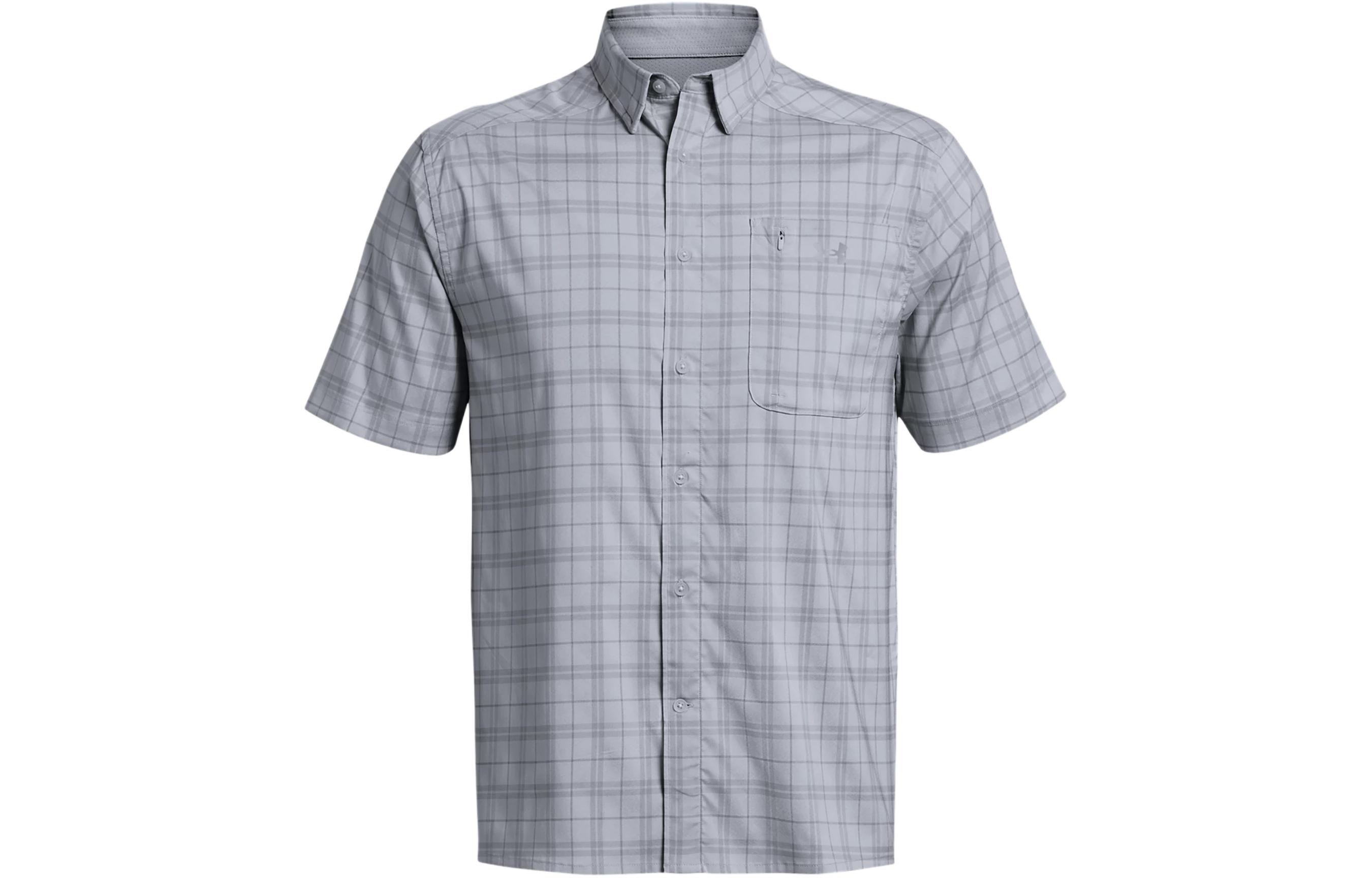 Under Armour UA Drift Tide 2.0 peak collar single-breasted plaid sweat-absorbent, quick-drying, comfortable and fitted short-sleeved shirt for men, light gray