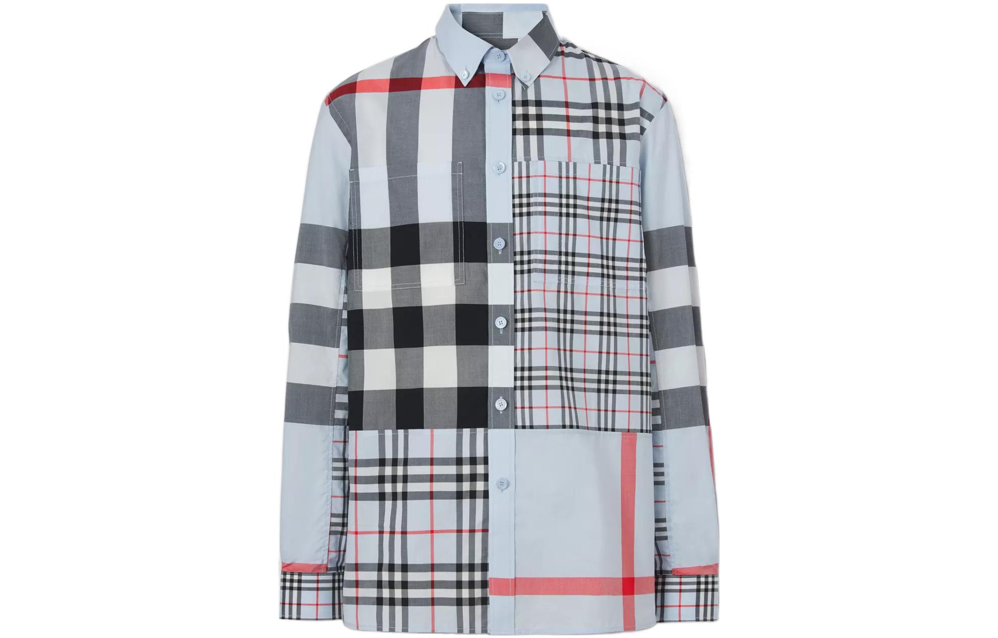 Burberry SS22 Mens Panelled Check Collar Long-Sleeve Shirt Blue