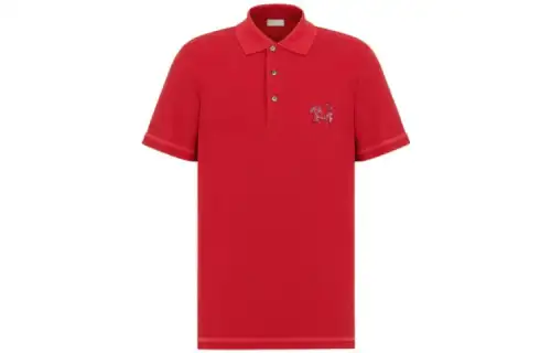 DIOR Polo Shirts Men's Red Polo Collar Moderate Straight Fit