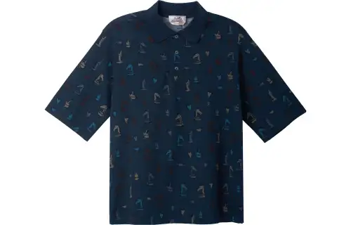 HERMES Polo Shirts Men's Blue Polo Collar Moderate Straight Fit