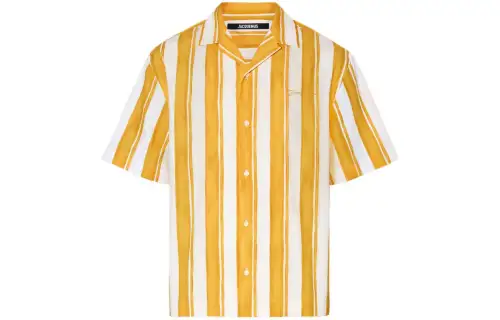 Jacquemus SS24 Le Mariage Series Bowling shirt with contrasting stripes contrasting stripes printed mother-of-pearl button short-sleeved shirt for men Yellow/yellow