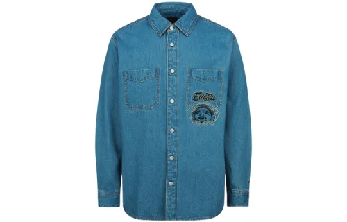 EVISU Shirts Men's Denim Blue Lapel Moderate Denim