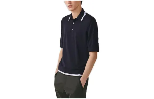 HERMES Polo Shirts Men's Black Polo Collar Moderate Straight Fit