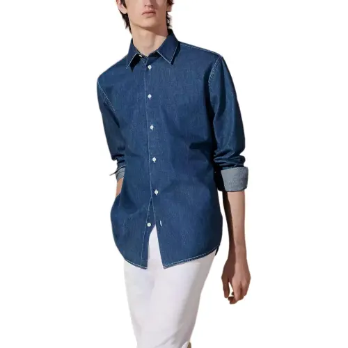 HERMES Shirts Men's Blue Lapel Moderate Other