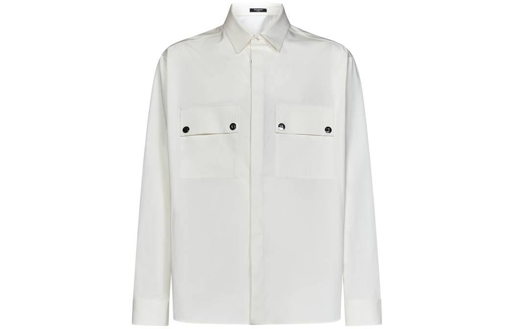 BALMAIN SS23 Chest pocket design long-sleeved shirt with character print on the back, men's white