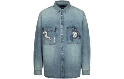 EVISU Shirts Men's Denim Blue Lapel Moderate Denim