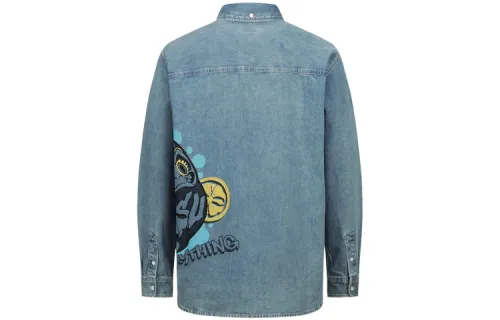 EVISU Shirts Men's Denim Blue Lapel Moderate Denim