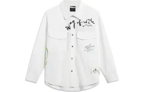 LiNing Li Ning x Salventius joint model Wade series printed letters single-breasted lapel loose long-sleeved shirt, same style for men and women, standard white