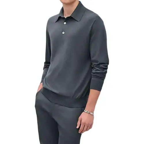 HERMES Polo Shirts Men's Gray Polo Collar Moderate Straight Fit