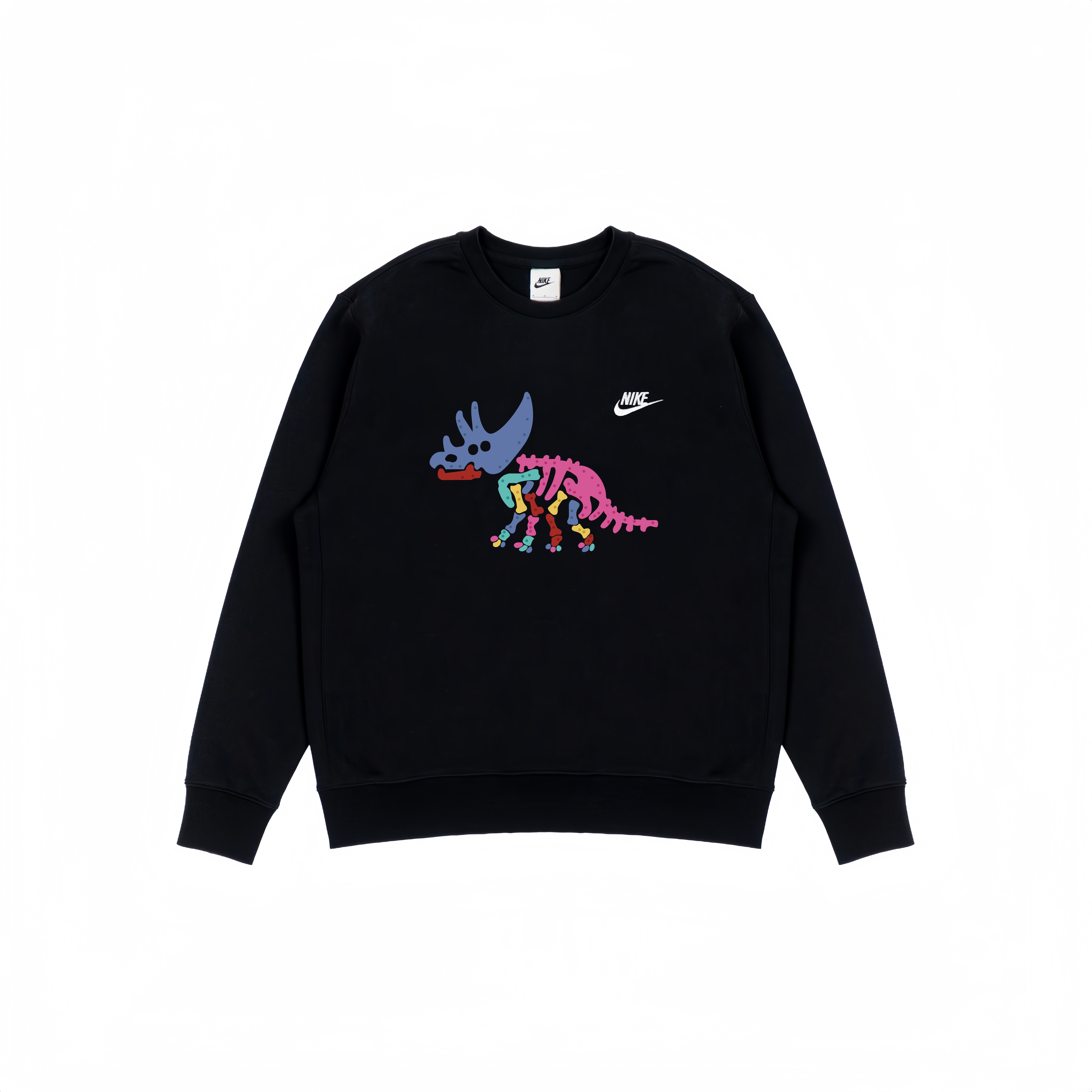 Nike, uniform, colorful dinosaur, set with a round collar for leisure, black long-sleeve for men and women, custom-made