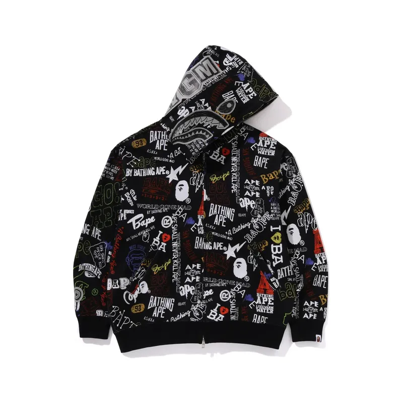 Bape Hand Draw Pattern Shark Zip Hoodie