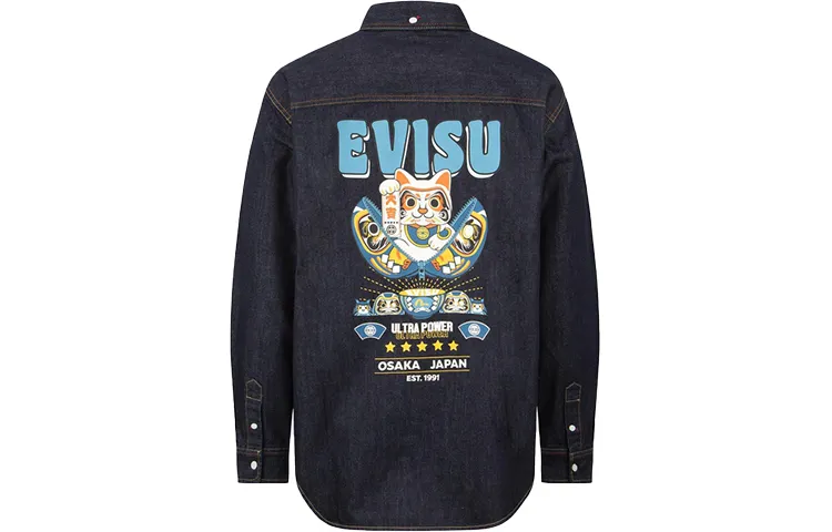 EVISU Shirts Men's Denim Blue Lapel Moderate Shirt