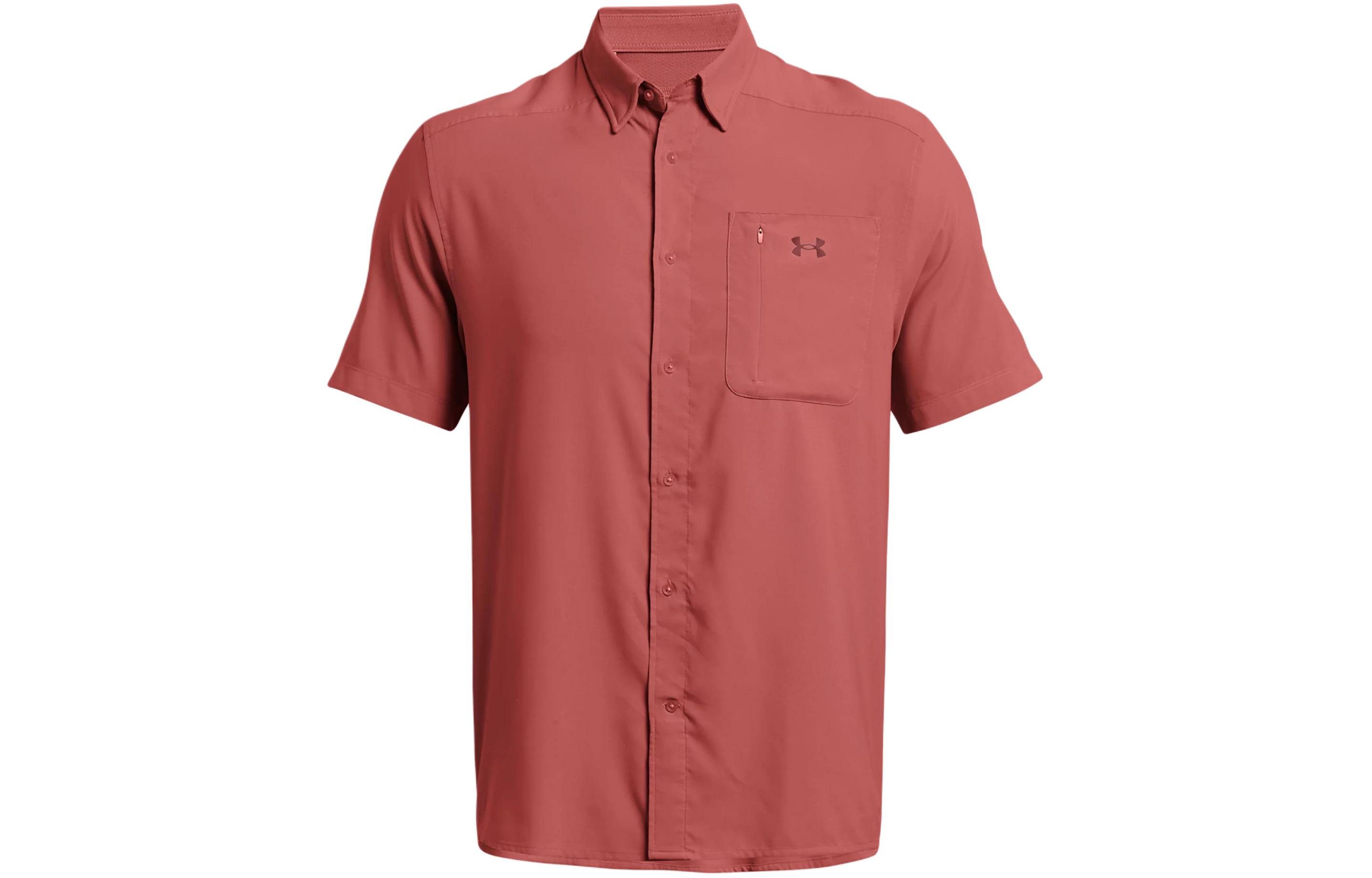 Under Armour UA Drift Tide 2.0 solid color logo chest pocket design casual and comfortable short-sleeved shirt Men's Sedona Red