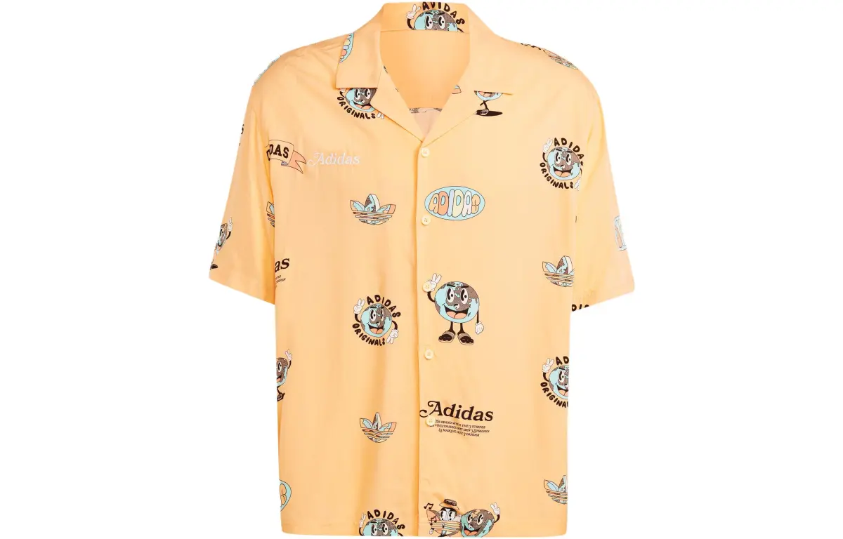 Adidas Originals ENJOY RESORT Shirts Men's Acid Orange Yellow Cuban Collar Moderate Other