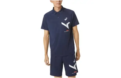 Asics A-I-M Dry Polo SS23 Point Collar Geometric Pattern Fitted Short Sleeve Polo Men's Navy Blue
