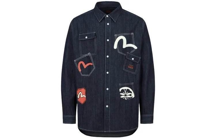 EVISU Shirts Men's Denim Blue Lapel Moderate Other